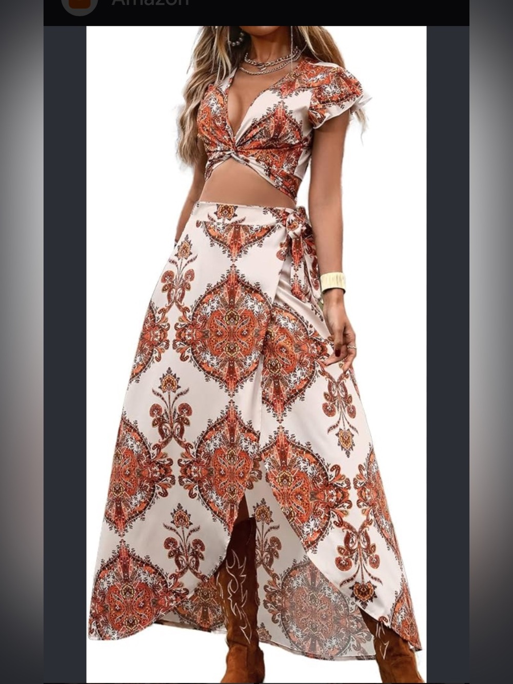 Boho Tie-Waist Maxi Skirt Set in Ivory and Rust